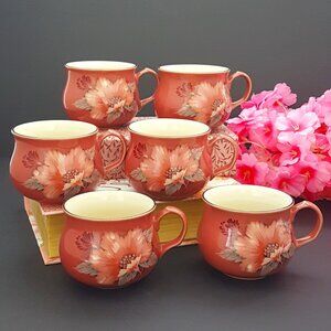 6pc Denby Damask Pink Stoneware Coffee Mug Set 8oz Farmhouse Tea Cups England